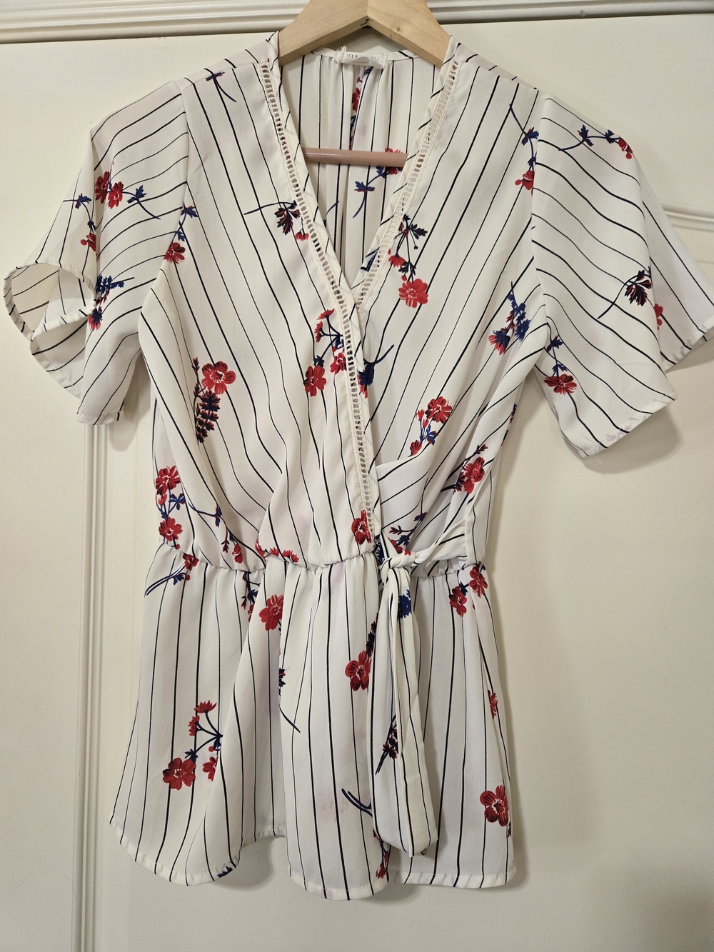 Sienna Sky White Floral Stripe V-Neck Tie Waist Blouse